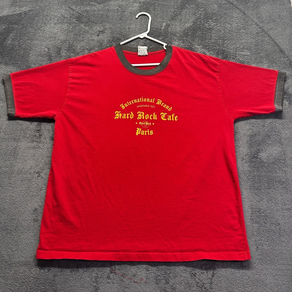Vintage Hard Rock Cafe Ringer T-Shirt Mens XL Red Paris Graphic Combed Cotton
